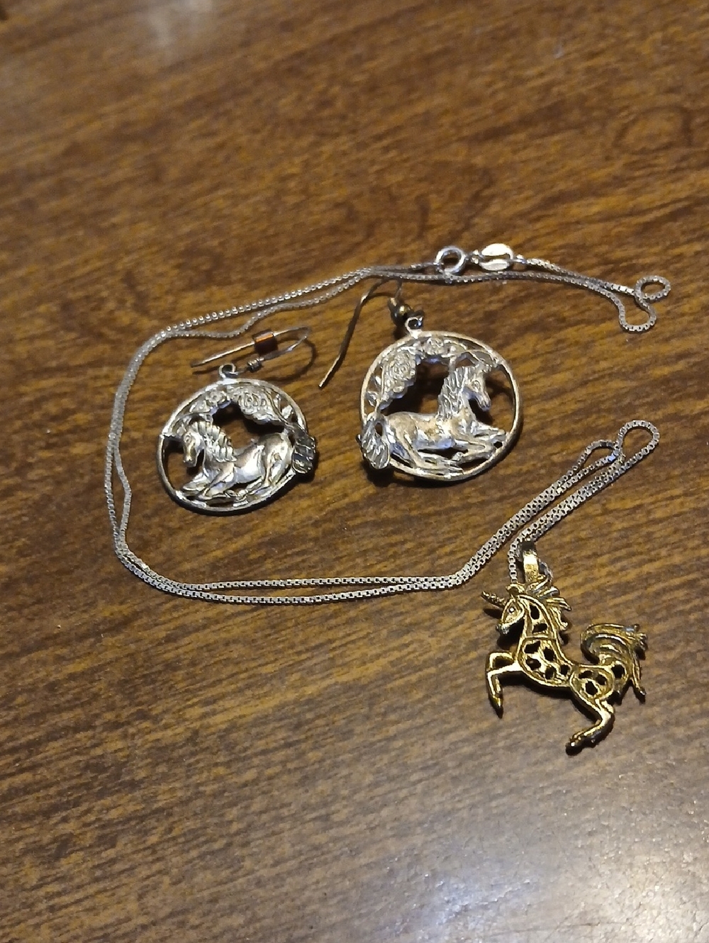 Sterling Signed 925 Unicorn Motif Necklace and Earrings Not A Matched Set  4 Pc.